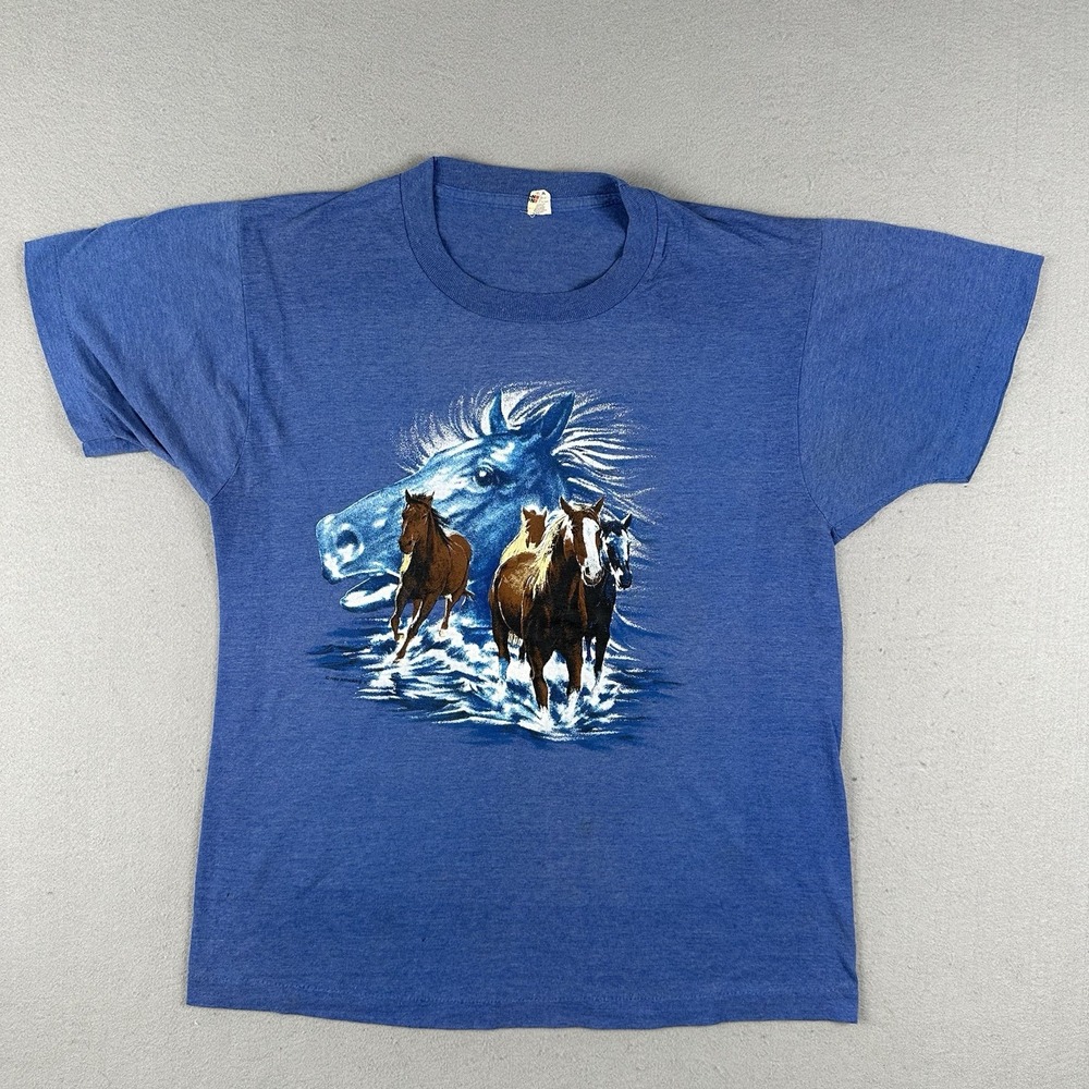 Vintage 80s Horse Shirt Men's Large Blue Mustang Mare Year Of The Horse